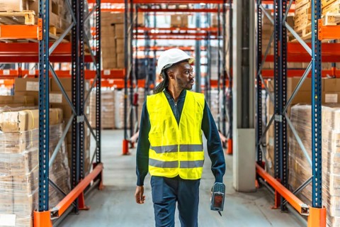 African worker with protective gear walking with scanner to scanning packages in a distribution