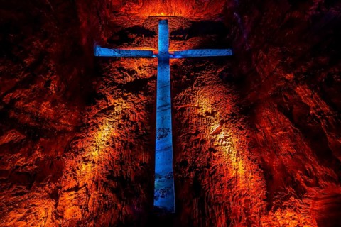 Giant salt cross in the Salt cathedral of Zipaquira, Colombia