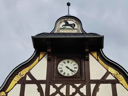 Old railway station building in Traben with the coat of arms of Traben, Traben-Trarbach, Middle