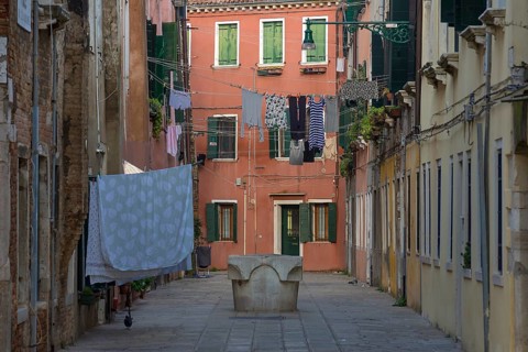 Laundry hung up for tourists in the Castello district, Venice, Veneto, Italy