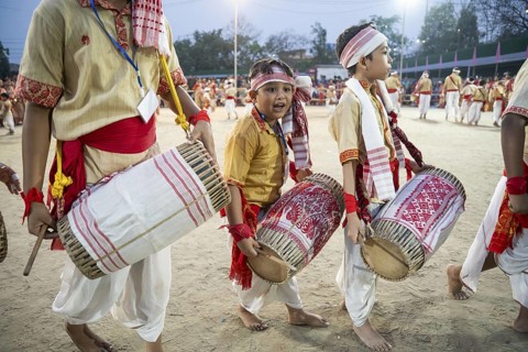 Participants Play dhol (Drum) on the final day of a Bihu dance workshop ahead of Rongali Bihu