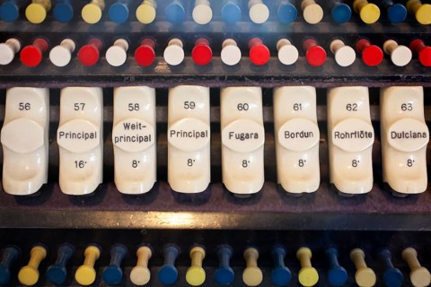 Detail of the console keydesk of an electric-action pipe organ by E. F. Walcker & Cie., op. 2150,