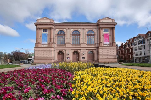 Classical State Theatre and Flower Bed with Pansies, Theaterplatz, Eisenach, Thuringia, Germany