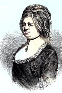 Chevalier Timoth'e d'Fon de Beaumont, coloured woodcut from 1864, portrait of a woman with bonnet