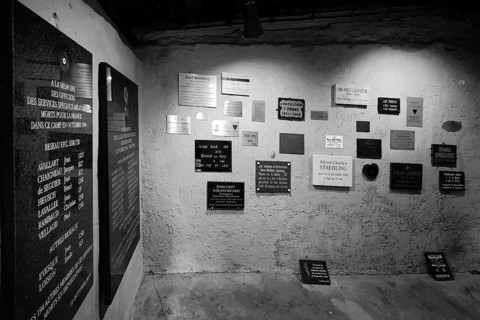 Memorial plaques in the camp crematorium, former beech forest concentration camp, now a