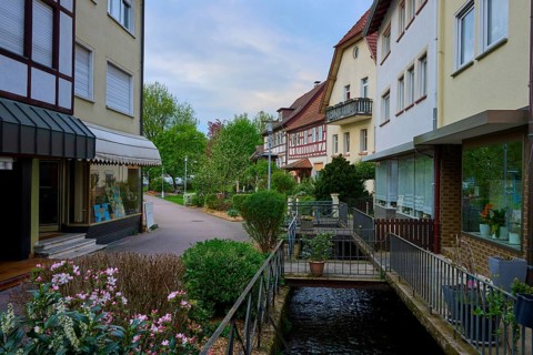 A quiet street with half-timbered houses and a small canal as well as blooming plants, spa town of