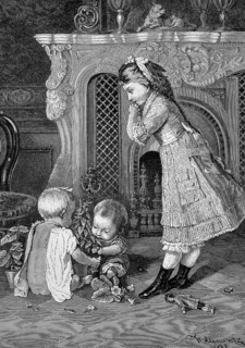 Three children playing with a potted plant, Germany, 1887, Historical, digital reproduction of an