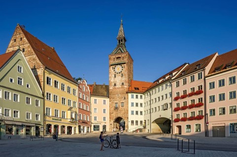 Medieval gate tower, town gate Schmalzturm or beautiful tower, main square, old town centre,
