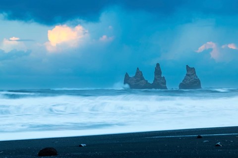 Reynisdrangar pinnacles, lava sandy beach, waves sea, winter, Vik, Iceland, Scandinavia
