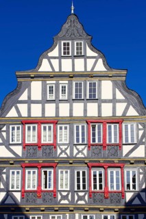 Half-timbered house, half-timbered houses, architecture, blue sky, half-timbering, Herborn, Hesse,
