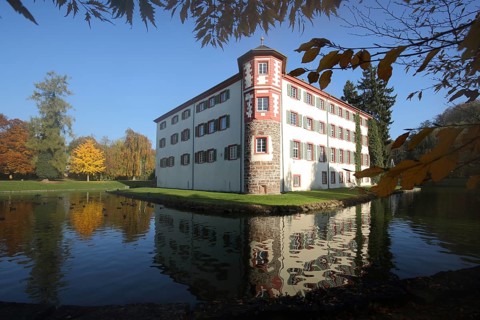 Water castle with reflection in pond, autumn colors, Eichtersheim, Kraichgau, Baden-Württemberg,