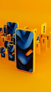 Many yellow frame smartphone exist with blue abstract art displayed on the screen. This creates a