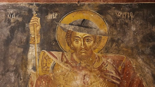 Holy painting of a man with staff and golden halo, Monastery Thari, Moni Thari, near Gadouras