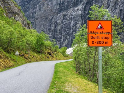 Narrow road, warning sign, landslide, dont stop, Norangdal valley, Norway