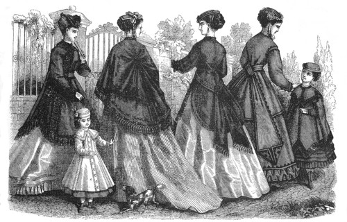 Four woman and two girls in the latest spring fashions, costumes and ready-to-wear by Madame