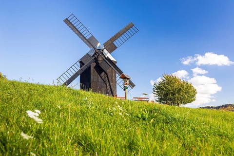 Trestle windmill in Kottmarsdorf, Kottmar, Oberlausitzer Bergland, Saxony, Germany