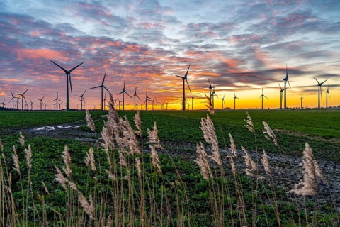 Wind farm near the East Frisian town of Norden, east of the town, sunset, Lower Saxony, Germany