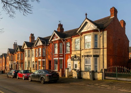 Terraced villas with bay windows front gardens, Tempest Street, inner city of Lincoln,
