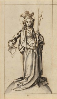 Picture shows St Ursula, she is depicted as a king's daughter with a crown, traditionally holding