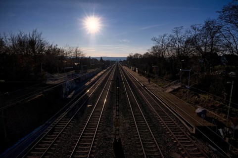 Backlight, rails, stop, station, platform, summer train, evening mood, Stuttgart,