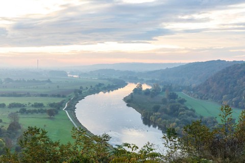 Morning atmosphere on the Boselspitze with a view of the Elbe Valley at sunrise, Sörnewitz, Coswig,