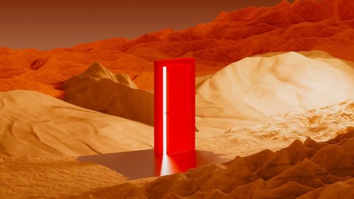 A bright, red door rests in the middle of a surreal desert landscape. A light glows from the door,