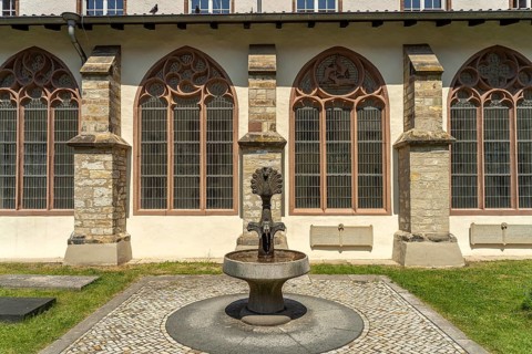 Fountain in the inner courtyard of Paderborn Cathedral, Paderborn, North Rhine-Westphalia, Germany