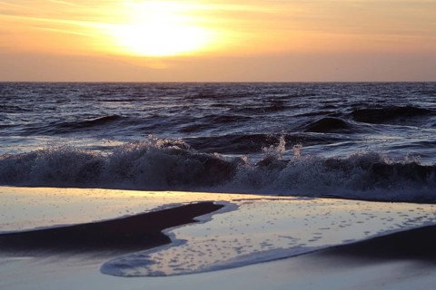 Sunset on the beach, waves, water, sea, sandy beach, surf, sunset, priel, Wadden Sea, Nationaal