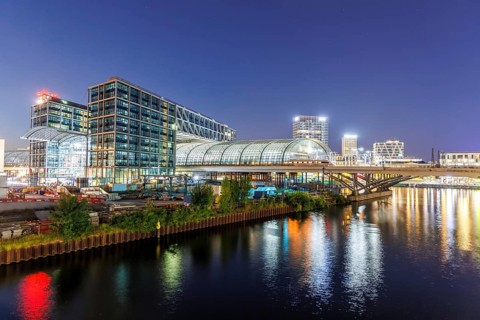 Berlin Central Station of Deutsche Bahn DB at night in Berlin, Germany