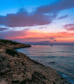 Sunset over Cala Mendia, Porto Cristo, Majorca, Spain
