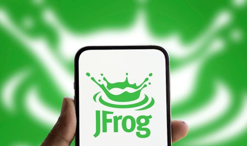 JFrog logo is displayed on smartphone.