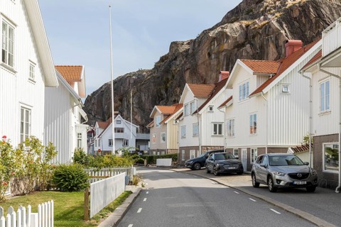 Typical wooden houses in front of the steep rock face of the Vetteberg in Fjällbacka, Västra
