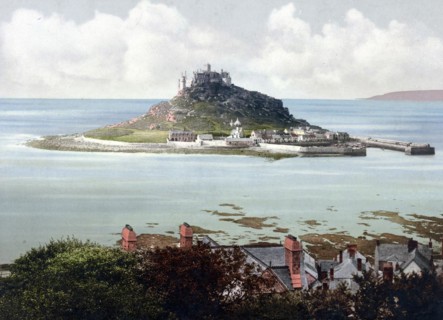St Michael's Mount, Penzance, a tidal island on the south-west tip of England, c. 1890, Historic,