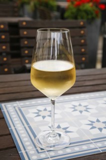 White wine in glass, cool, fogged, drinks, enjoyment, beer garden, terrace, Germany