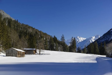 Snow covered barn in the Eng valley, Tyrol, Austria