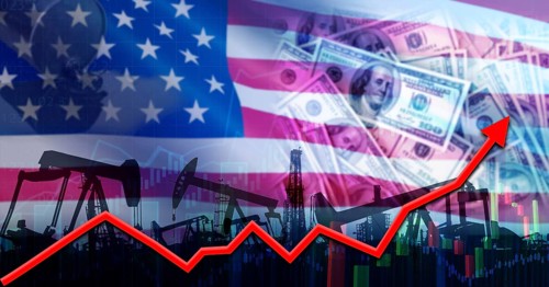 Oil rise with the US flag. Oil production with USA flag. Oil pumps with the USA flag