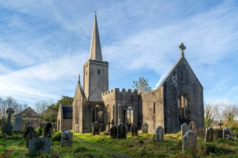 Ruins of Holy Trinity church, Buckfastleigh, north Devon, England, UK destroyed by fire in 1992