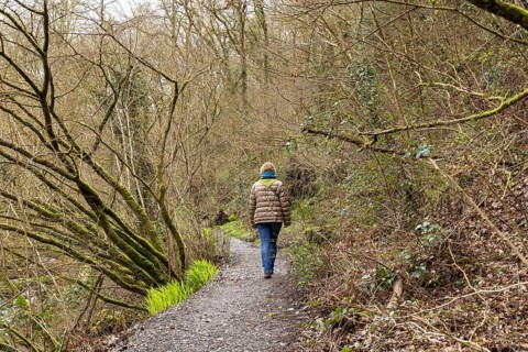 Woman hiking to waterfall, Melincourt Waterfalls Nature Reserve, Melincourt, Neath, Wales, United