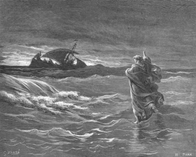 Jesus walks on water, boat with disciples far from shore, Matthew chapter 14, verse 25, high swell,
