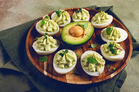 Snack, stuffed eggs with avocado, homemade, no people
