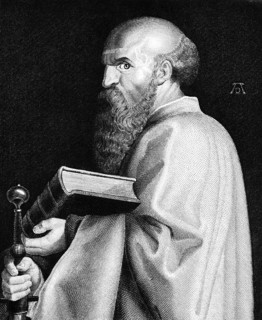 Portrait of St Paul the Apostle after Albrecht Dürer, crenelated view, prayer wheel, Bible,