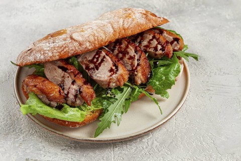 Sandwich with duck breast and arugula, balsamic sauce, on a light plate, breakfast, homemade, no