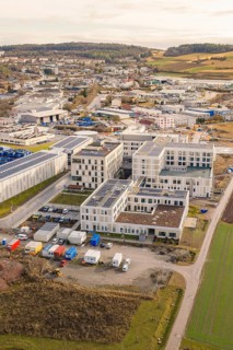 Modern architecture in an industrial and rural environment, shortly in front of opening, Calw