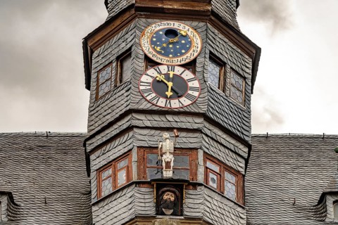 Moon clock on the lancet clock of the New Town Hall Ochsenfurt, Lower Franconia, Bavaria, Germany