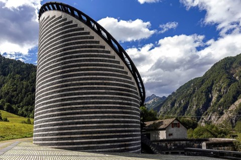 Chiesa di San Giovanni Battista, exterior view, architect Mario Botta, Mogno, near Fusio,