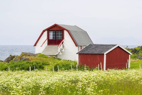 Old barn and red wooden hut on the coast, Gimsoy Island, Lofoten, Norway