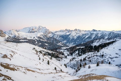 Beautiful landscape of the Mountain silhouettes of the Sexten Dolomites on a sunny winter day,