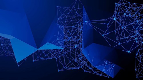 This composition features an intricate design of blue geometric shapes connected by glowing lines,