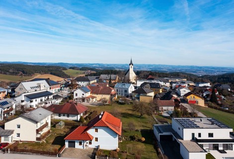 Drone image, view of village with parish church, Altenberg near Linz, Mühlviertel, Upper Austria,