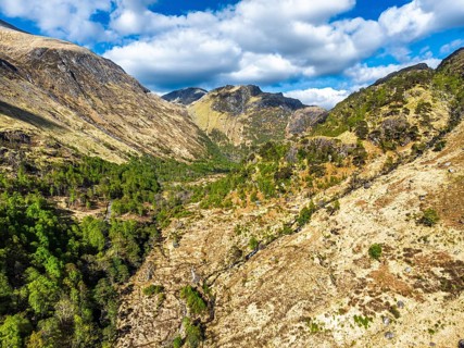 Glen Nevis Valley and River Navis from a drone, Fort William, Lochaber, Highland, Scotland, United